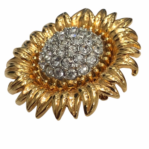 JOAN RIVERS GOLDEN SUNFLOWER BROOCH WITH PAVE CLEAR CRYSTAL CENTER - Picture 12 of 16